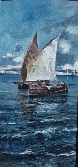 Giovanni Mollica (XIX-XX) - Marina con barche in primo piano