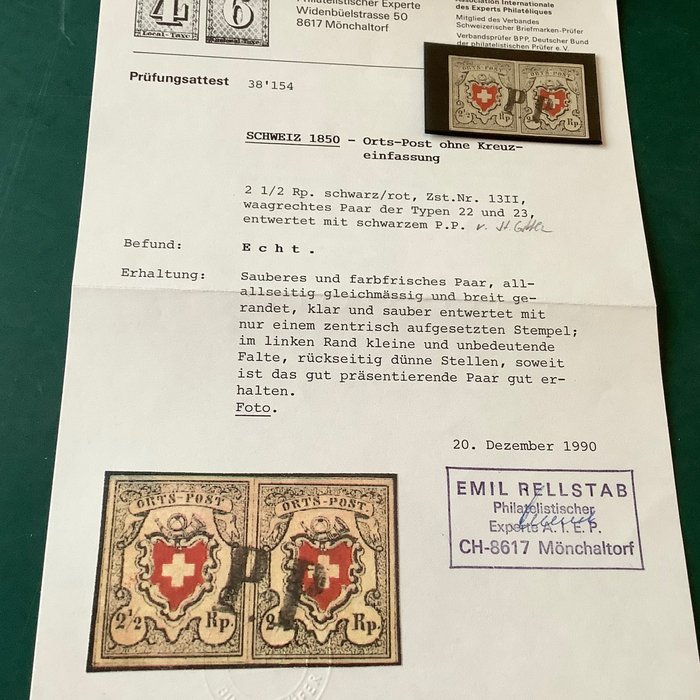 Switzerland 1850 - Rock post in pair with photo certificate Rellstab - Zumstein 13 II