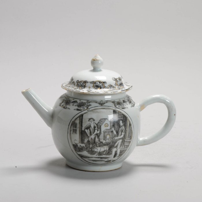 Teekanne - Porzellan, Chinesische Encre de Chine Teekanne Grisaille DORF SZENE