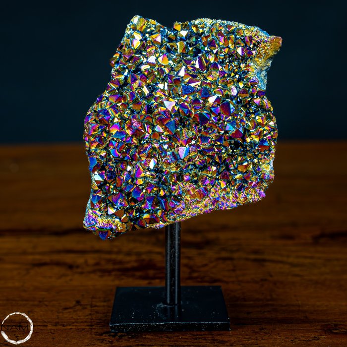 Very Rare AAA+++ Rainbow Aura Amethyst gave way to Calcite Cubes on stand- 358.93 g