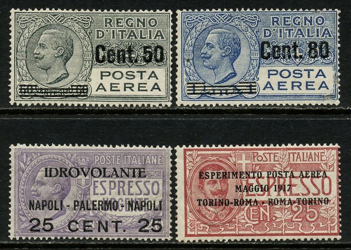 Itália - Reino 1917/1927 - Correio aéreo, 3 questões, 4 valores - Sassone PA 1/2+ 8/9