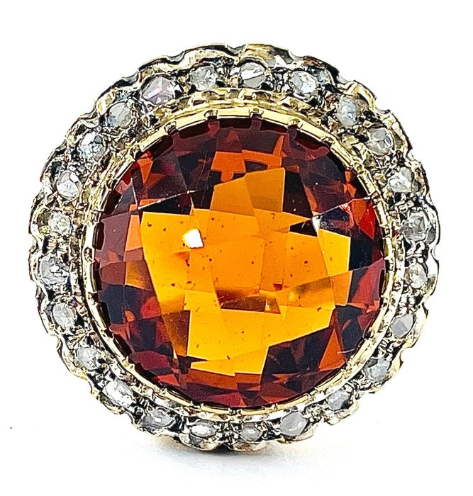 Ohne Mindestpreis - Ring - 9 Kt Gelbgold, Silber Quarz - Diamant 
