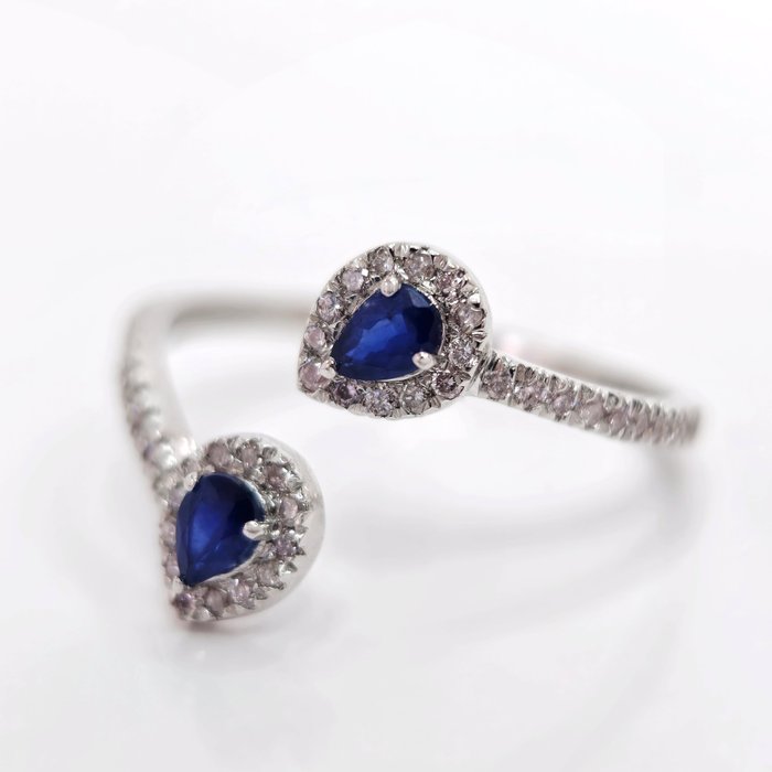 14 克拉 白金 - 戒指 - 0.40 ct 藍寶石 - 鑽石