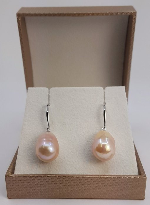 Ohne Mindestpreis - 10.5mm Pink Edison Pearl Drops - Ohrringe - 14 kt Weißgold 