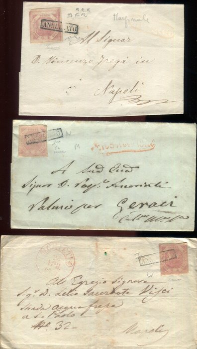 Antichi Stati italiani - Napoli 1858 - 2 grana 1° tavola varietà di tinte e carte. - Sassone 5 carta crema, 5a carta crema, 6