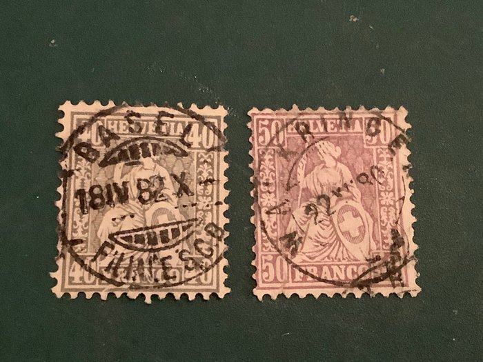 Schweiz 1867/1878 - 40 och 50 cent sittande Helvetia med central stämpel - Zumstein 42/43