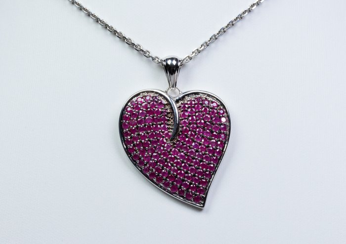 Ohne Mindestpreis - 6.00 ct Rubine - Herz-Form - Halskette mit Anhänger - 925 Silber 