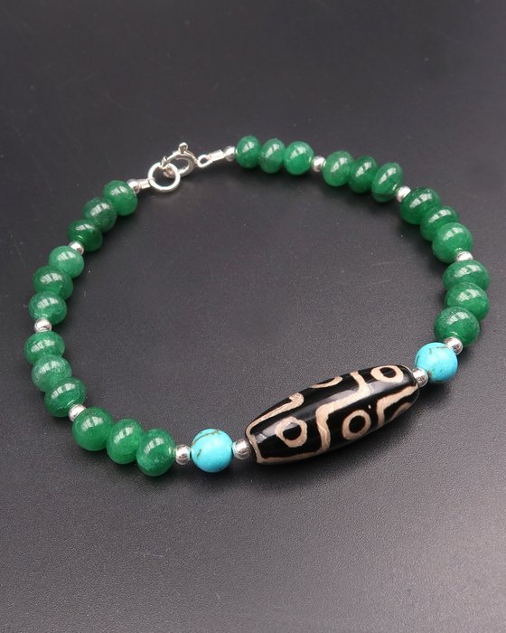 Smaragd - Buddhistisches Armband - Dzi 9 Augen - Großes Glück - Verschluss, Silberperlen, türkiser Howlith - Armband