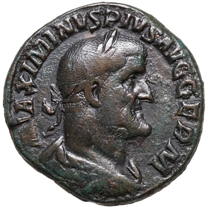 罗马帝国. 马克西姆斯·瑟拉克斯 （公元 235-238）. Sestertius Rom, SALUS thront vor Schlange