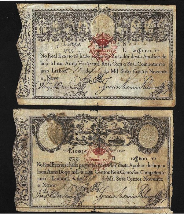 Portugali. - 12.800 and 20.000 Reis 1828 (old date 1799) - Pick 44 and 46b - Catálogo Mário de Almeida : AMA 6P / 7P.  (Ei pohjahintaa)