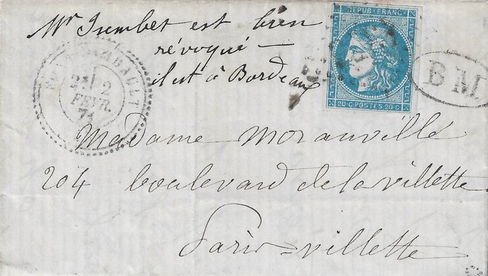 Γαλλία 1871/1871 - Πόλεμος ανακωχής 70 - Επιστολή εισήλθε στο Παρίσι από λαθρέμπορο πριν από την επανίδρυση της Mail - Yvert et Tellier n°45