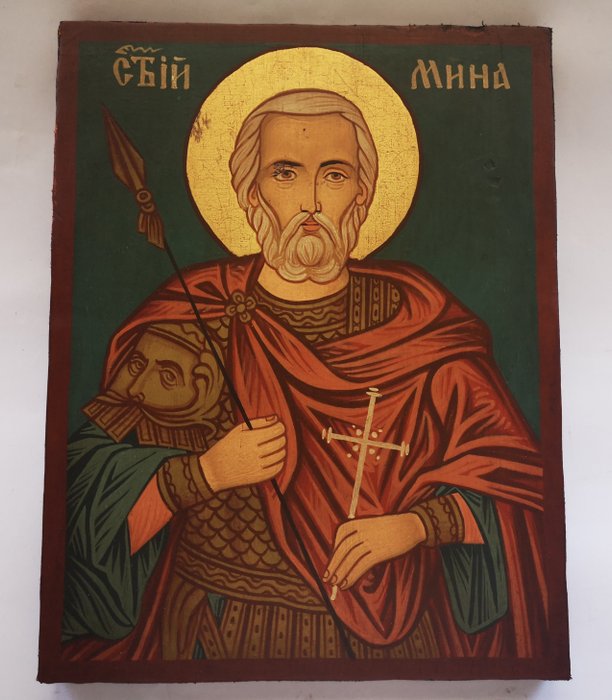 Ícone - Santa Mina, ícone búlgaro pintado à mão - Madeira