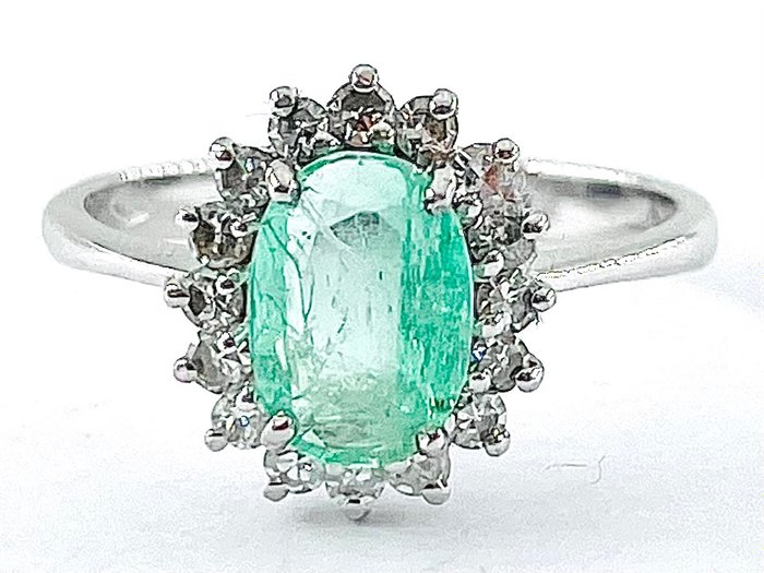 Utan reservationspris - Ring - 18 kt Vittguld Smaragd - Diamant 