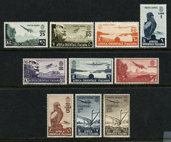 África Oriental Italiana 1936 - Assuntos africanos, correio aéreo, série de 10 valores - Sassone A1/3+5/9+12/13