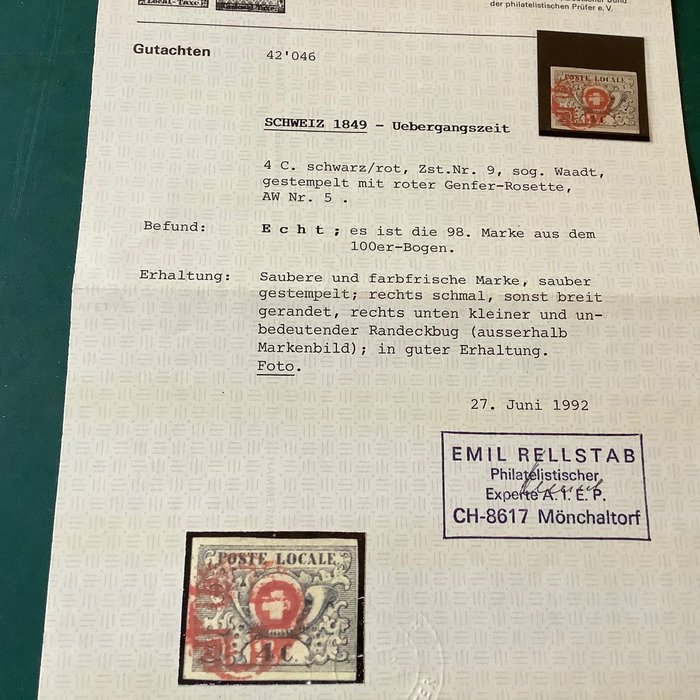 Switzerland 1849 - Waadt 4 - photo certificate Rellstab - Zumstein 9