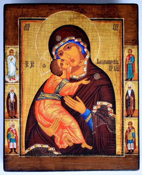 標誌 - 俄羅斯東正教偶像“弗拉基米爾聖母” - 木頭、蛋彩畫、手繪