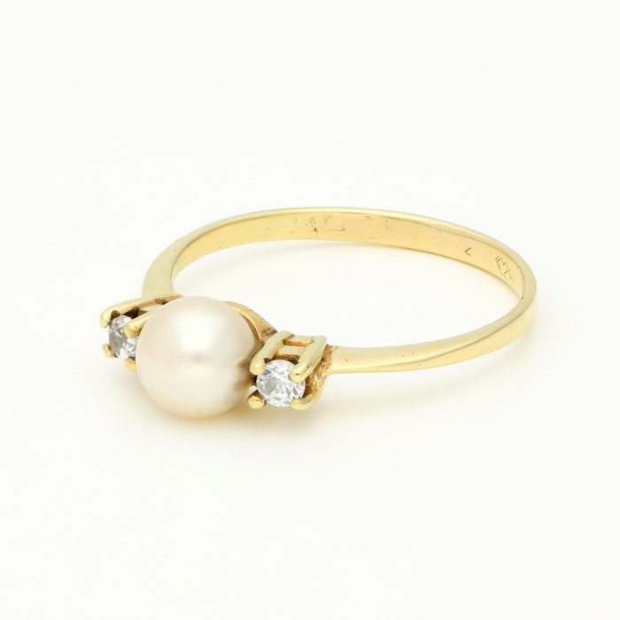 No Reserve Price - Ring - 14 kt. Yellow gold Diamond  (Natural) - Pearl 