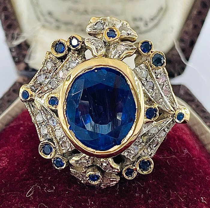 No Reserve Price - Ring - 9 kt. Silver, Yellow gold Sapphire - Diamond 