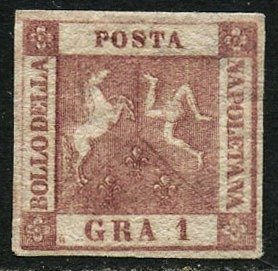 Italiaanse oude staten - Napels 1858 - 1 karmijnroze korrel, tweede tafel. Certificaat - Sassone N. 4