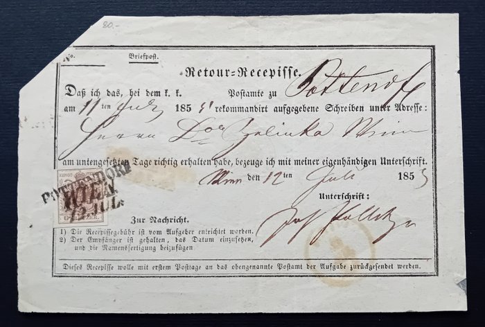 Autriche  - 6 Kr sur réception de la recommandation, prépayée à Vienne et renvoyée de Pottendorf dès