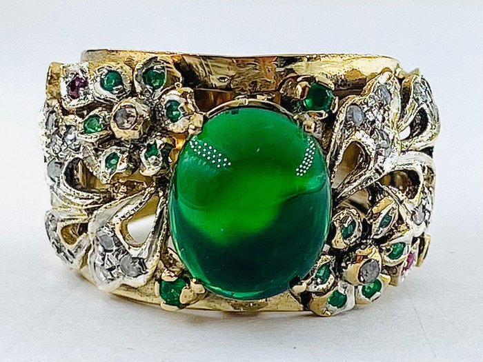 No Reserve Price - Ring - 9 kt. Silver, Yellow gold Emerald - Mixed gemstones