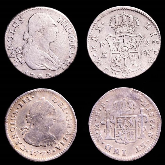 Spania. Carlos III y Carlos IV. Lote de dos (2) monedas de 2 Reales y 1/2 Real Acuñados en 1779 en la ceca Americana de México. Ensayador F·F y en 1799 en la ceca de Sevilla.  (Fără preț de rezervă)