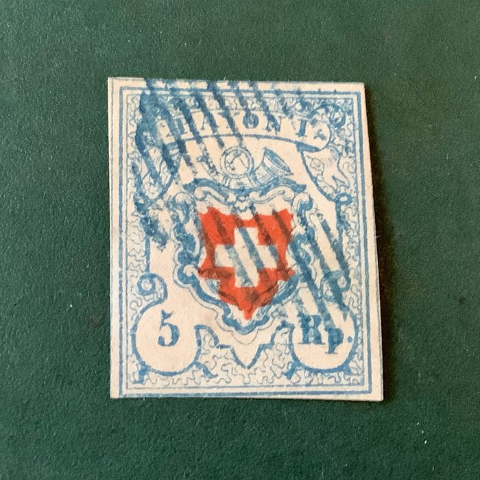 Sveits 1851 - Rayon I - stein B2, type 14, stempel 31 - med blått stempel - Zumstein 17 I Stein B2