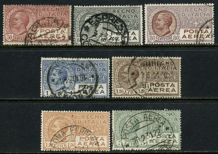 Kongeriket Italia 1927 - Luftpost, komplett sett med 7 verdier - Sassone PA 3A/7