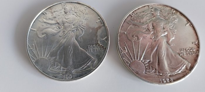 USA. 1 Dollar 1988/1991 Liberty, 2x1 Oz (.999)  (Ohne Mindestpreis)