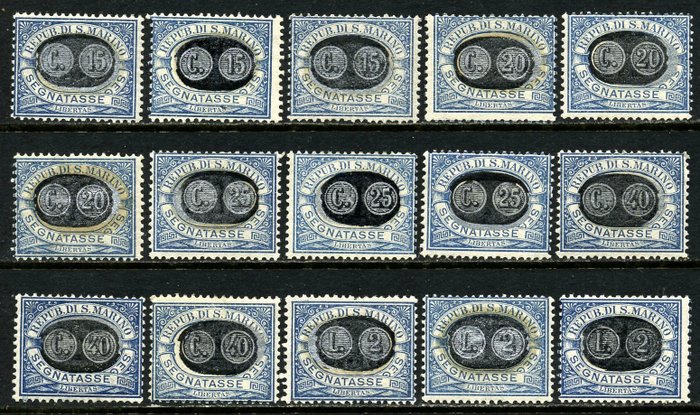 圣玛利诺 1931 - “口罩”税务邮戳，全套 15 个完好价值 - Sassone 32/46