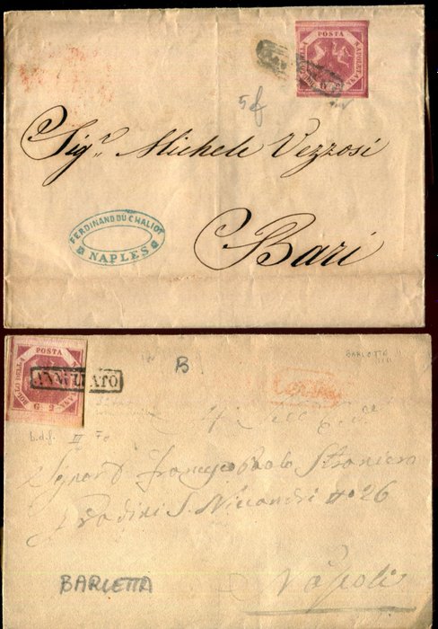 Starożytne państwa włoskie - Neapol 1858 - 2-ziarnisty stół 1. i 3. stół, oba w ciemnym kolorze. - Sassone 5f, 7e