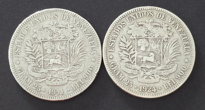 Venezuela. 5 Bolívares 1911 / 1924 (2 Moedas)  (Sans Prix de Réserve)