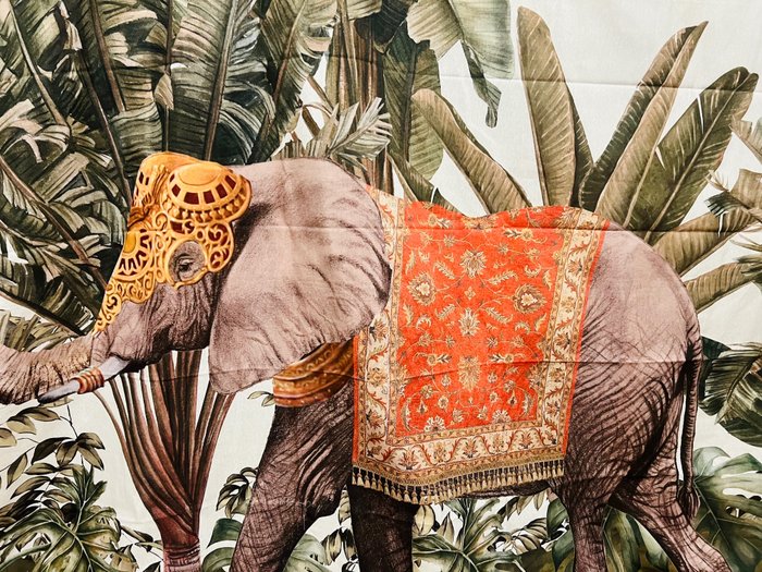 Eleganter und seltener Wandteppich aus leichtem Baumwollstoff – orientalisches Elefanten-Design – - Polsterstoff  - 245 cm - 270 cm