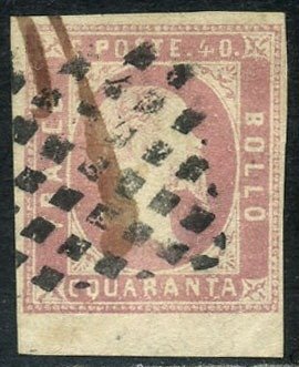 State Italiene Antice - Sardinia 1851 - Vittorio Emanuele II, 40 de cenți roz cu margini largi. Diena certificată - Sassone N. 3