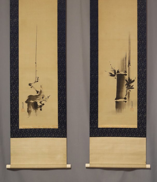 " Japanese plum and bamboo" - With signature 'Isen-in Hogen hitsu ' 伊川院法眼　筆 - 日本 - Mid Edo period