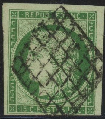 Γαλλία 1850 - 15c πράσινο σχεδόν περιθωριοποιημένο και χωρίς ελαττώματα - Βαθμολογία: €1100 - Δείτε περιγραφή - Yvert 2