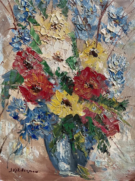 Jan Kelderman (1914-1990) - Stilleven vaas met bloemen