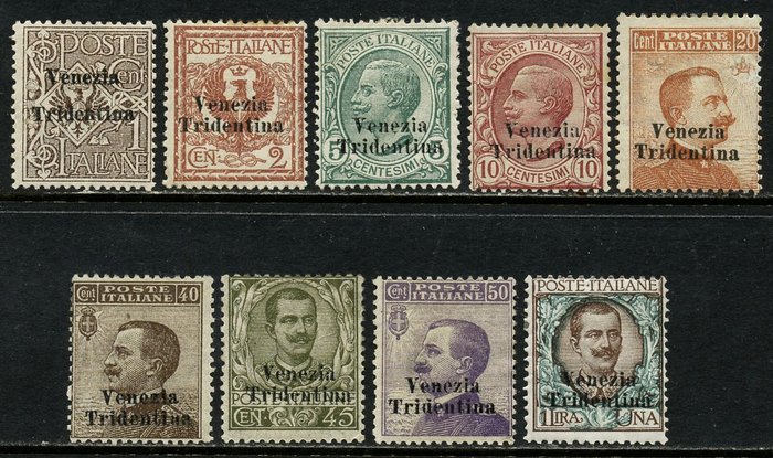 Italien - Trentino 1918 - Frimärken från Italien, 9 värden övertryckta Venezia Tridentina, certifierade - Sassone N. 19/27