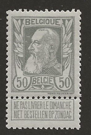 Bélgica 1905 - Barba grossa - cinza 50c, perfeitamente centralizada - OBP/COB 78