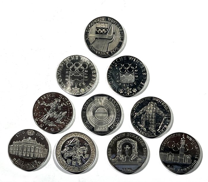 Áustria. 100 Schilling 1975/1977 (10 monete) Proof  (Sem preço de reserva)