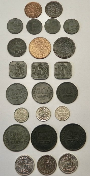 荷蘭. Wilhelmina (1890-1948). 1 Cent / 25 Cents 1941 t/m 1944 (24 stuks)  (沒有保留價)
