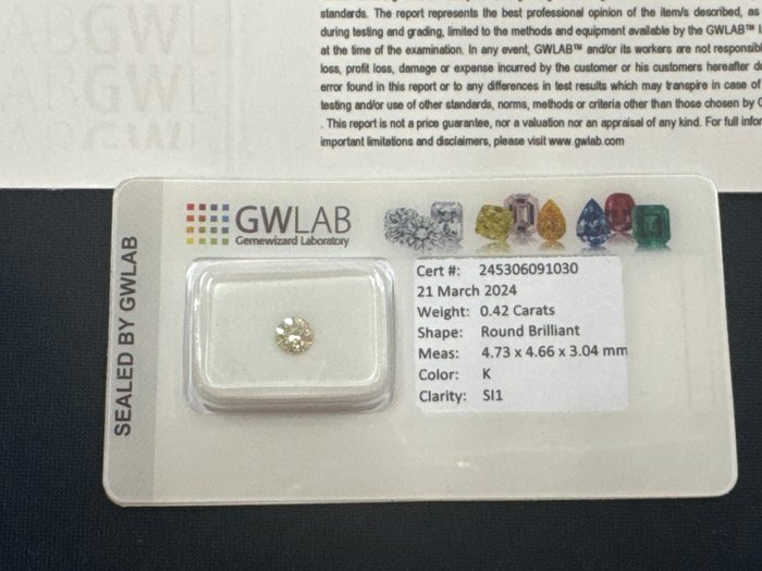 1 pcs 鑽石 - 0.42 ct - 圓形 - K(輕微黃色、從正面看是亮白的) - SI1, No reserve price