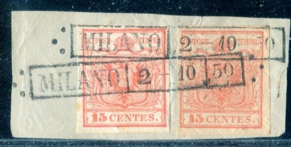 Antike italienische Staaten - Lombardo Veneto 1850 - Interessantes Fragment, gestempelt mit „Zwillings“-Werten. - Sassone  3b+3f