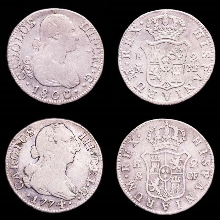 Espagne. Carlos III y Carlos IV. Lote de dos (2) monedas de 2 Reales Acuñados en 1774 en la ceca de Sevilla. Ensayador CF y en 1800 en la ceca de Madrid. Ensayador MF  (Sans Prix de Réserve)