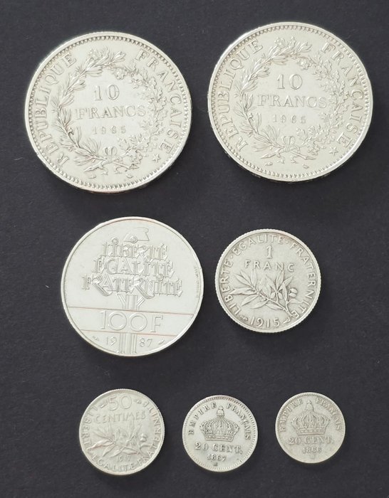 Frankreich. Lote de 7 moedas de prata, 1866/1987  (Ohne Mindestpreis)