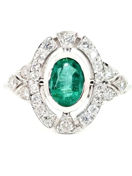 Ring - 18 kt. White gold Emerald - Diamond 