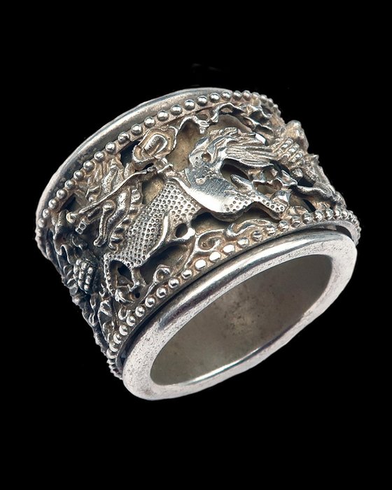 Inel pentru degetul mare - Decor stilizat in relief - Dragon imperial - Protectie, longevitate, - Inel