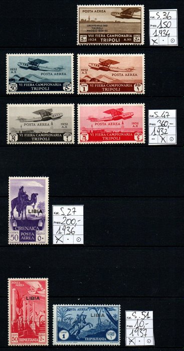 Líbia Italiana  - 1932-1937 - Sassone s. 36, s. 47, s. 27, s. 51 - Posta aerea