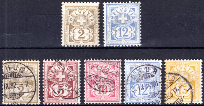 Suisse 1882 - "Numéro surmonté d'une croix" - l'ensemble complet d'occasion + 2 valeurs neuves - Rare et en - Unificato n° 58/62