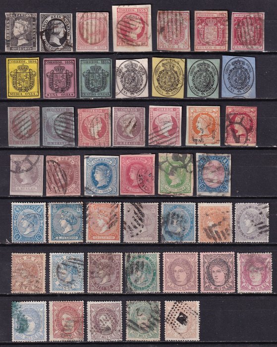 Spania 1850/1870 - - Domnia Elisabeta a II-a - Set de 46 de timbre clasice + Istorie poștală